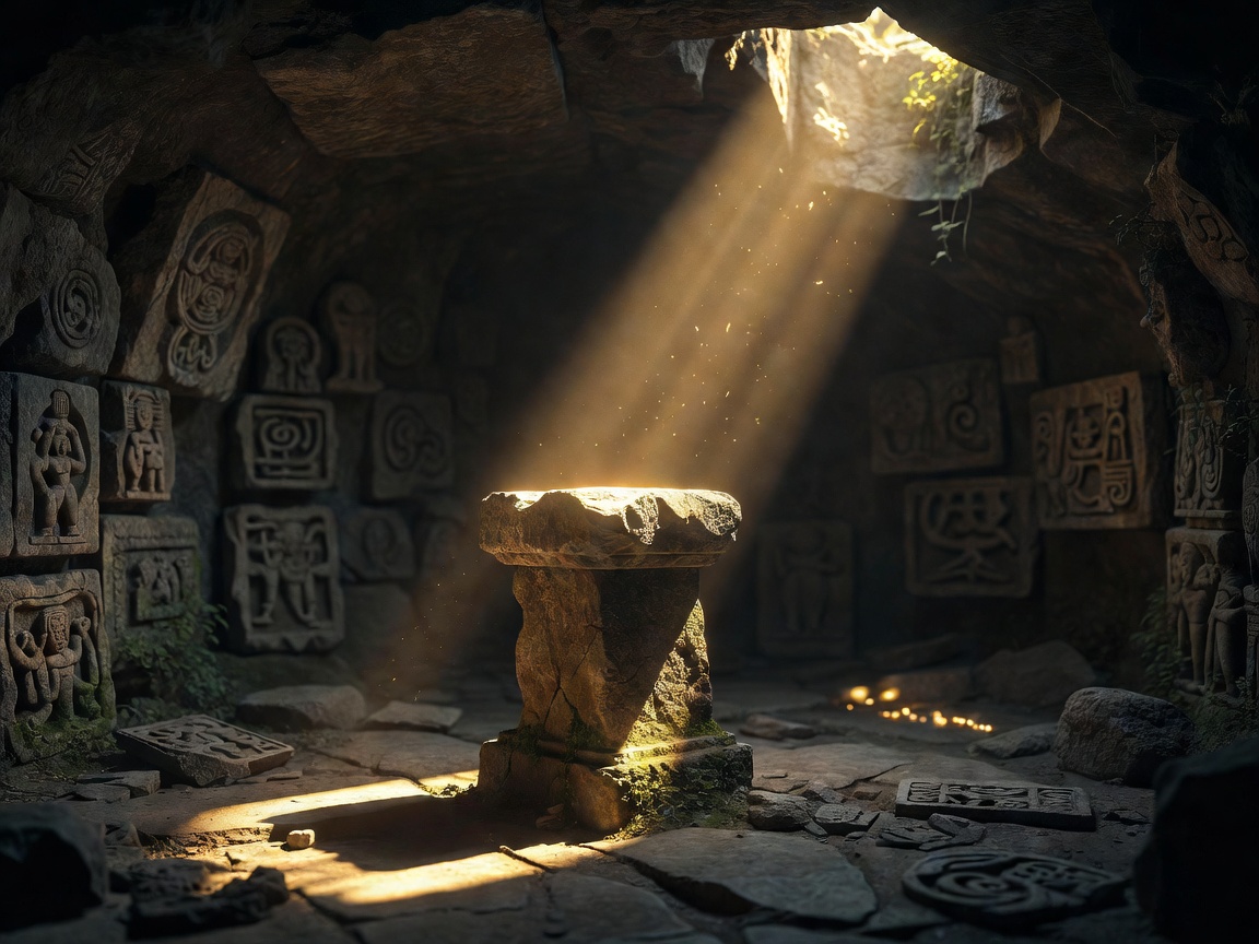 A glowing beam of pure golden sunlight highlighting a historic stone relic pedestal surrounded by forgotten carvings