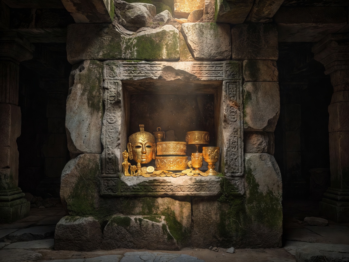 Cinematic ancient stone carving displaying legendary archeological gold artifacts inside a ruin wall structure