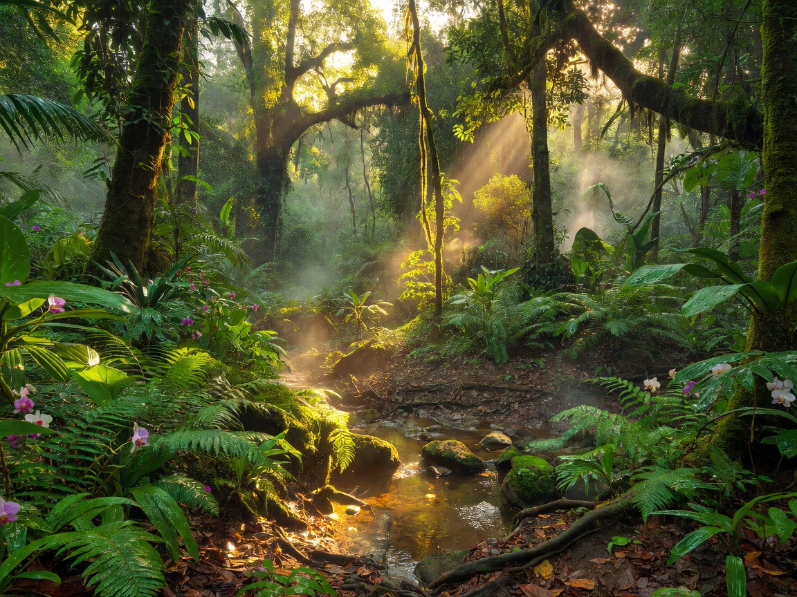 Dense lush green rainforest landscape bathed in golden shafts of sunlight representing untouched exploratory sectors