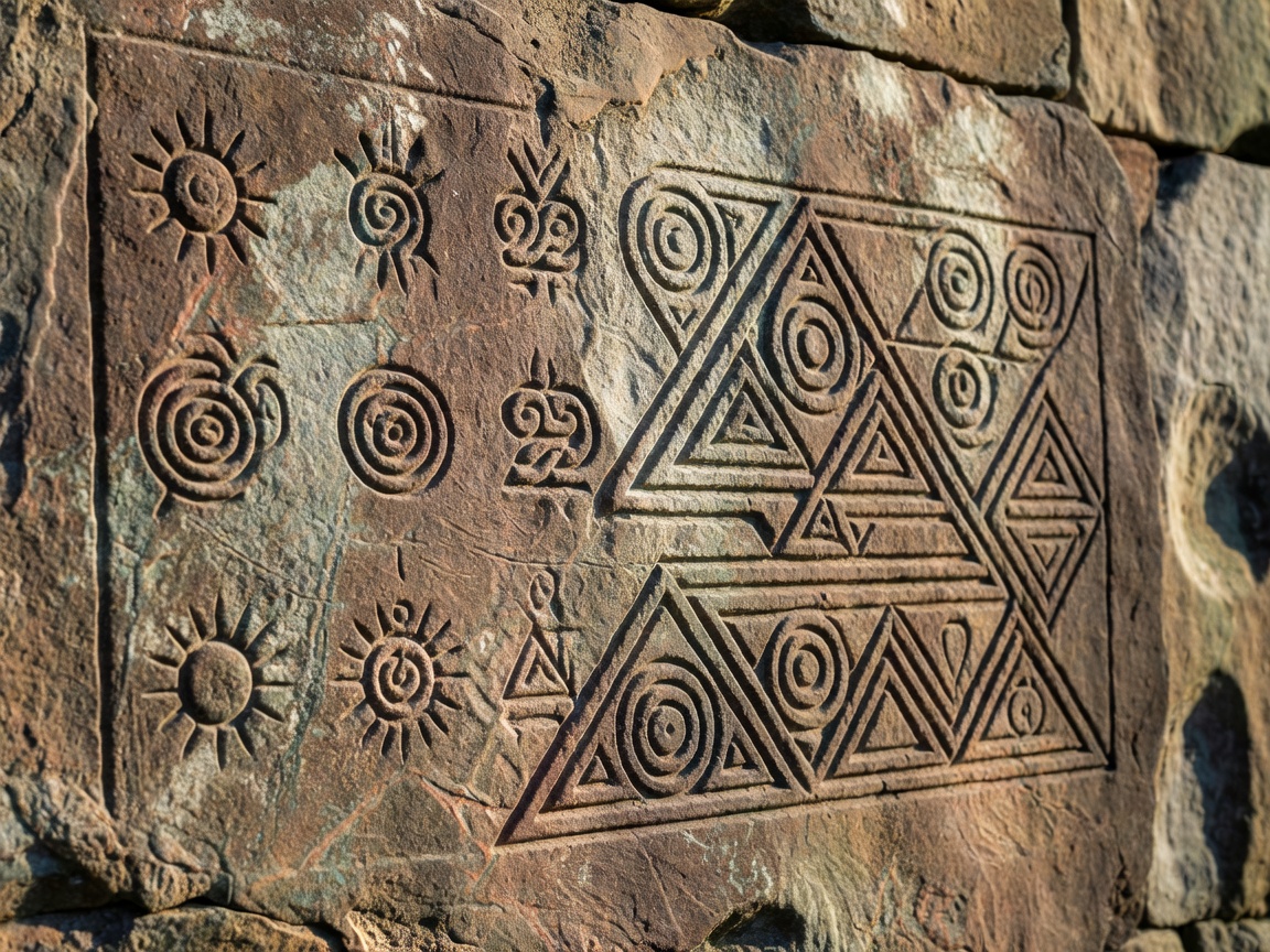 Macro lens detail showing ancient historic symbols and carved geometric routes etched into temple rock walls