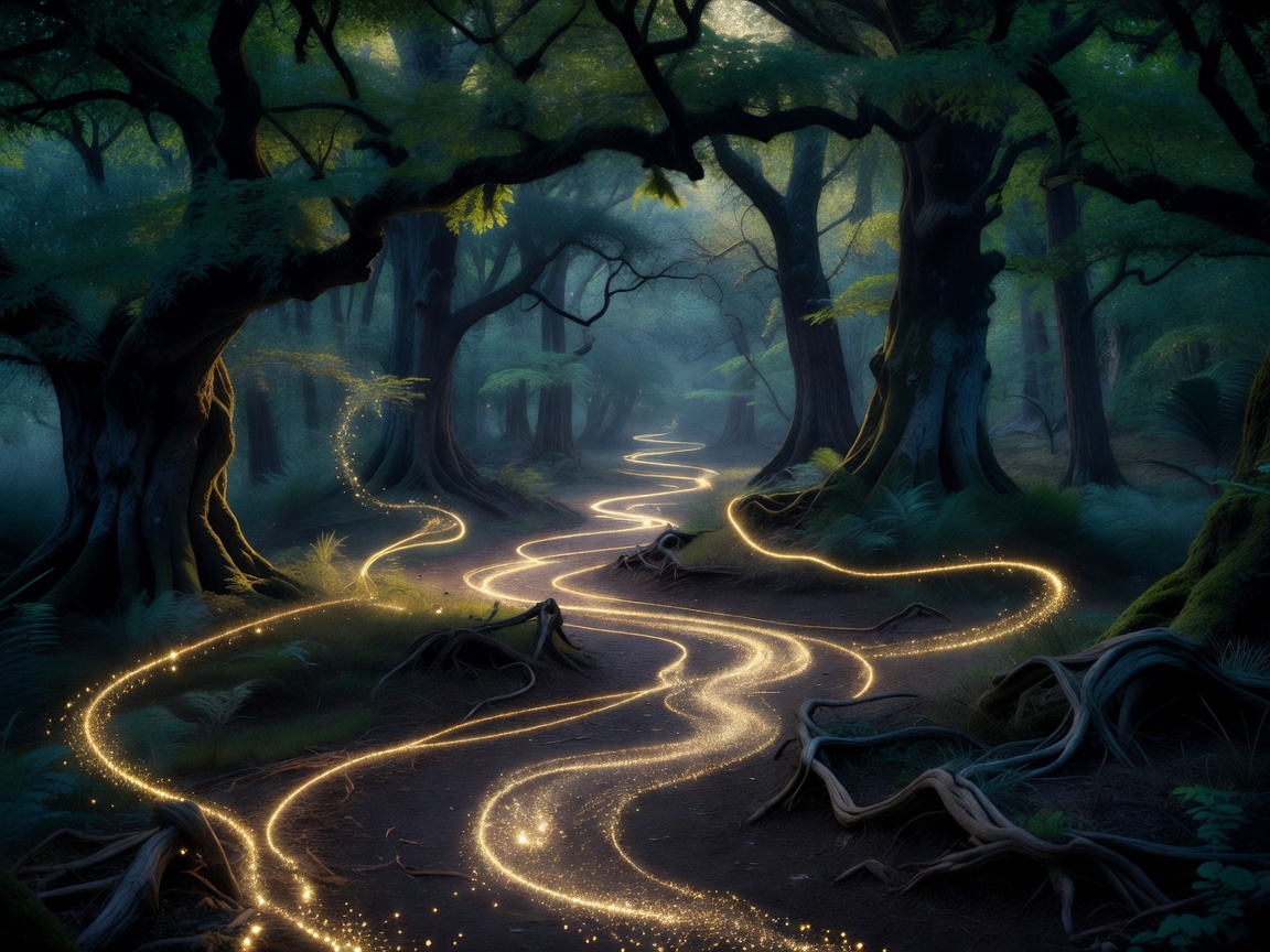Mysterious forest footpaths highlighted by vibrant golden dust particles and magical ambient lighting trail lines
