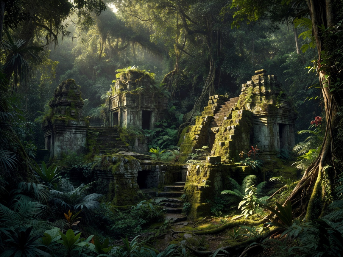 Mysterious moss-covered ancient stone temple ruins deep inside a dense sunlit exotic tropical jungle canopy